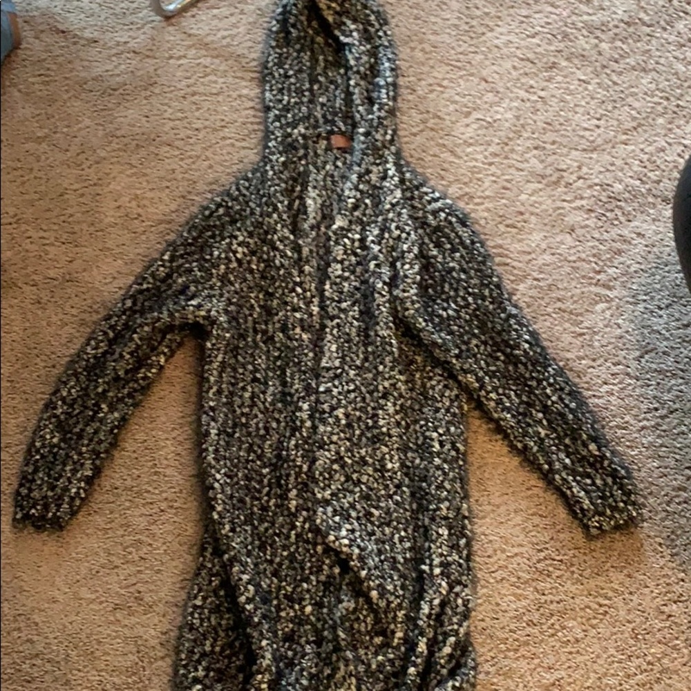 Long sweater wrap with hood